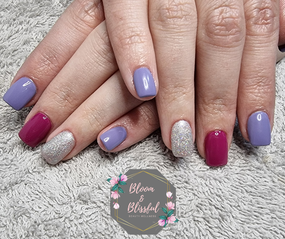 Lavender berry and silver glitter short nails by Emmie