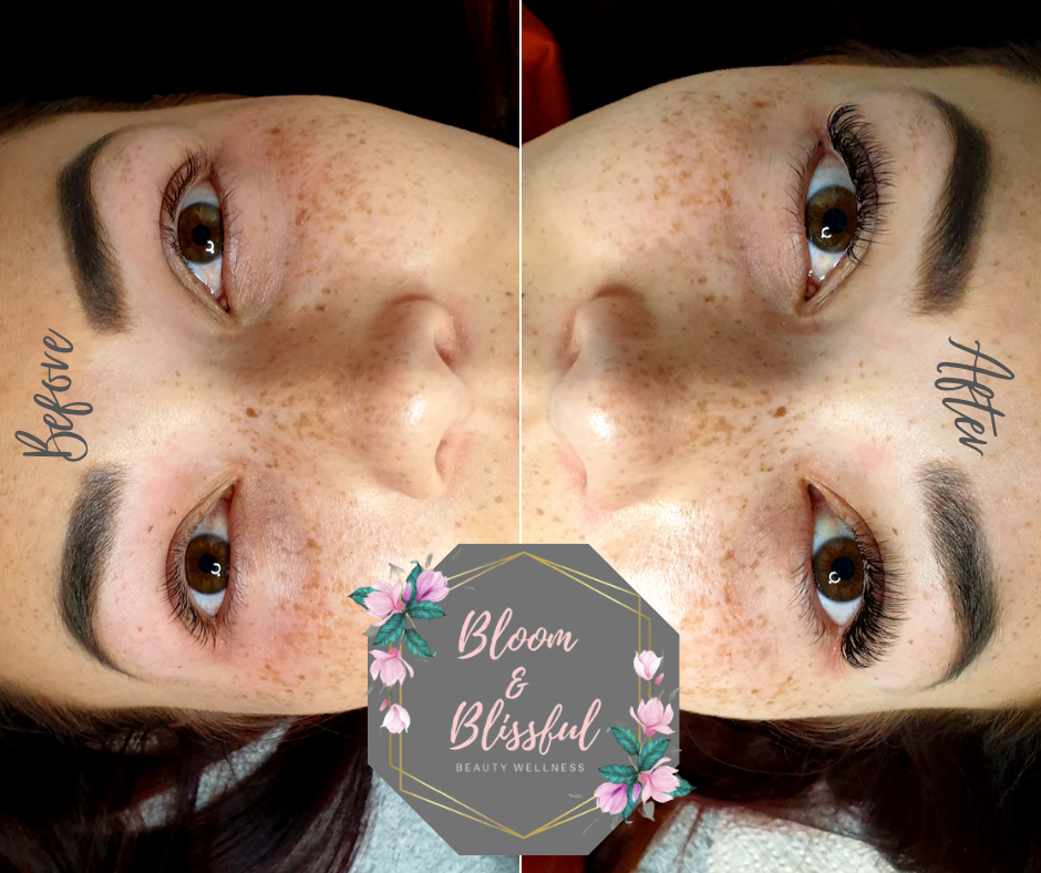 Before and after lash extensions showing dramatic volume and length by Emmie