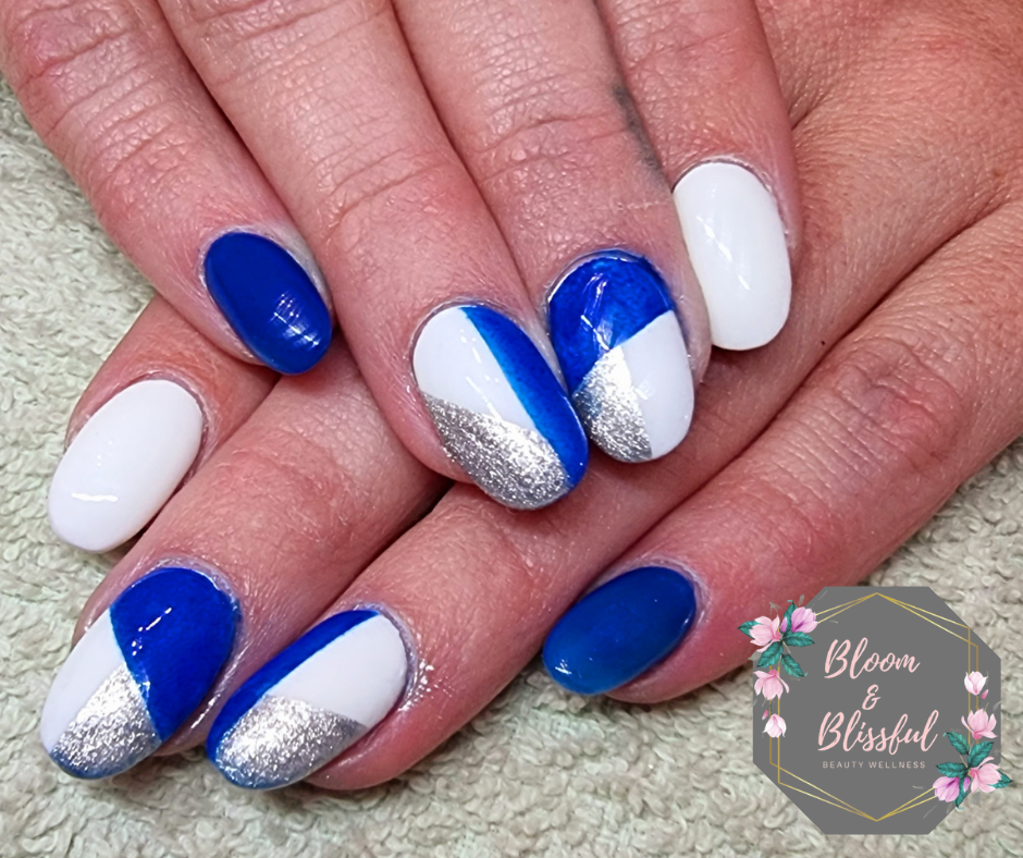 Royal blue and white nails with silver glitter colour block art by Emmie