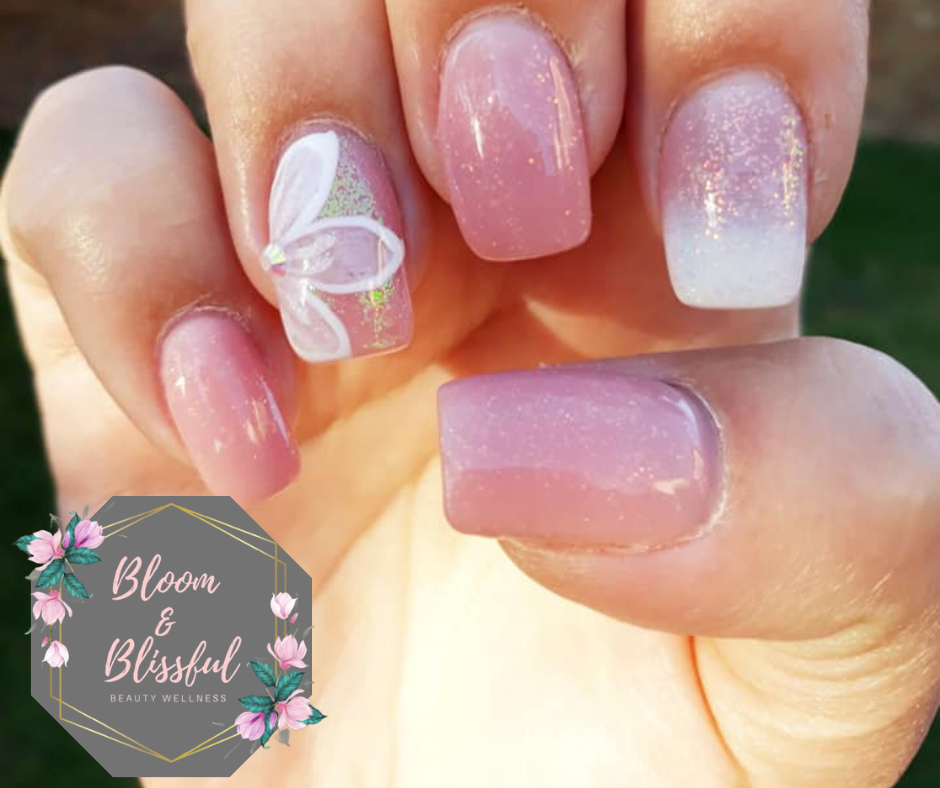 Pink shimmer ombre nails with butterfly art by Emmie