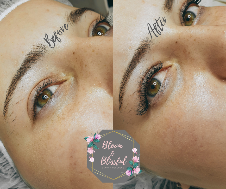 Before and after lash extensions showing stunning volume transformation by Emmie