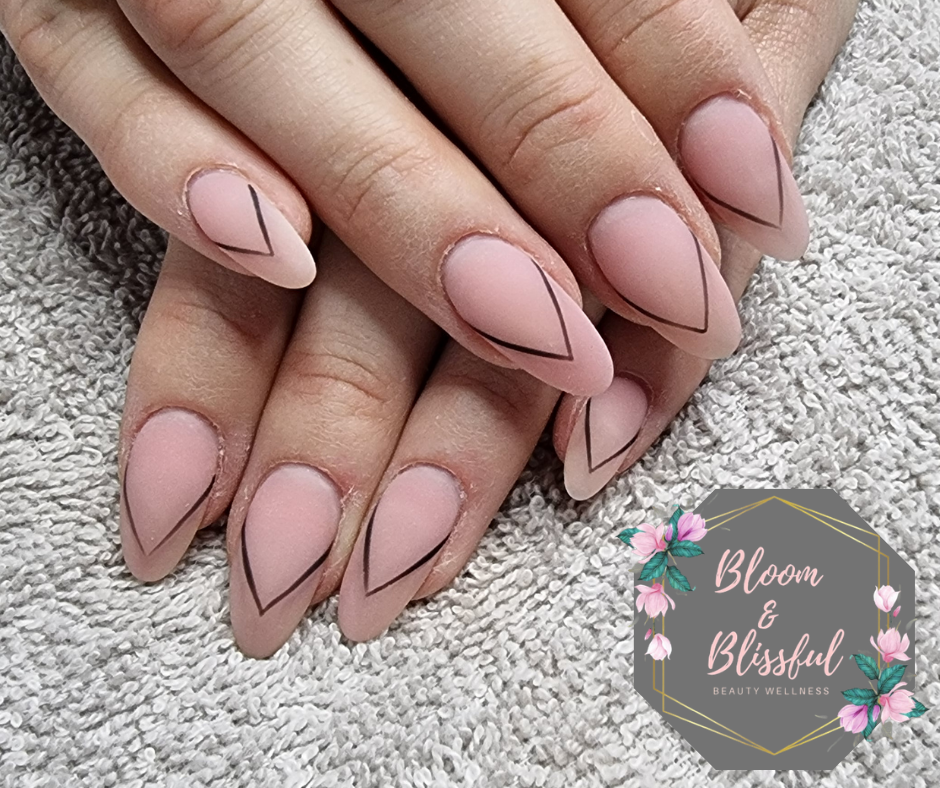 Matte nude stiletto nails with minimalist dark line geometric art by Emmie