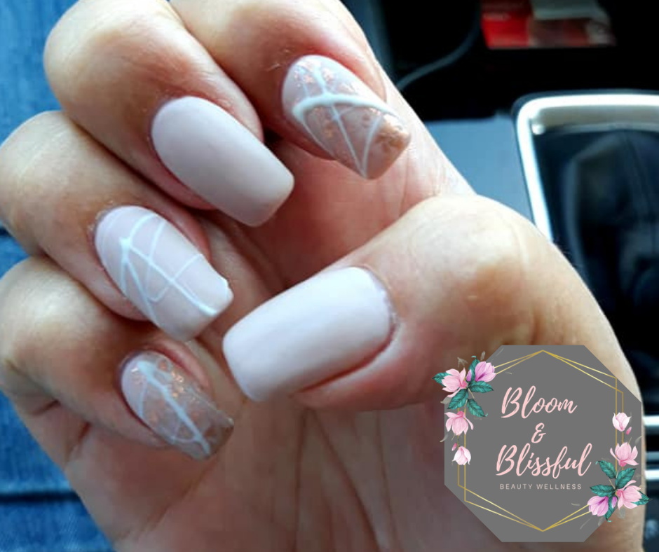 Matte white coffin nails with geometric glitter accent by Emmie