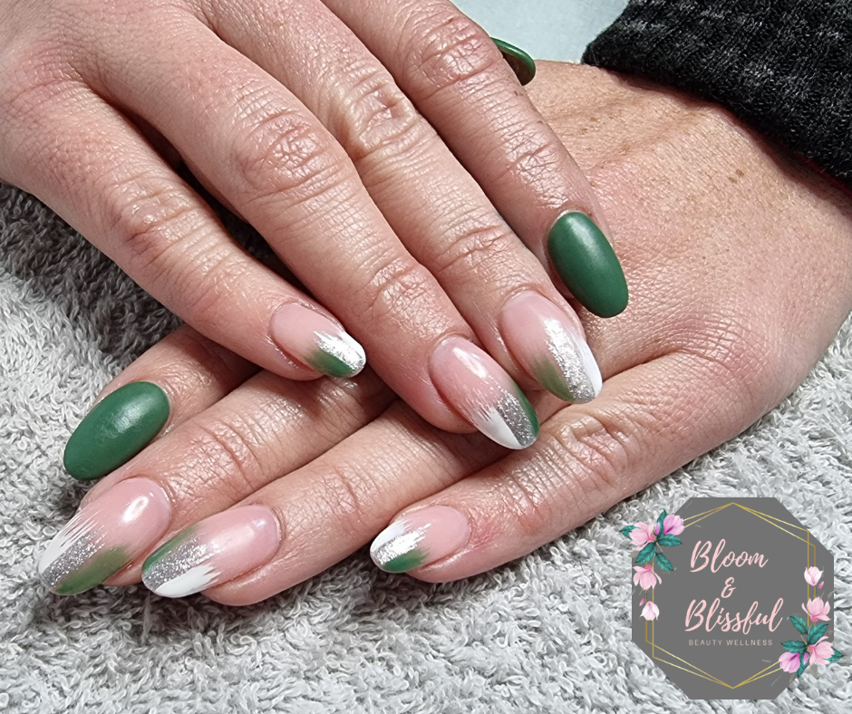 Matte olive green almond nails with silver and white abstract art by Emmie
