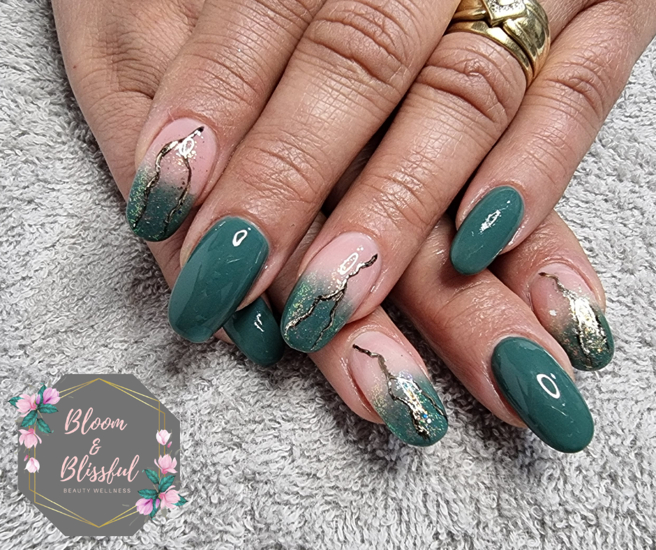 Forest green nails with nude ombre and gold foil accent by Emmie