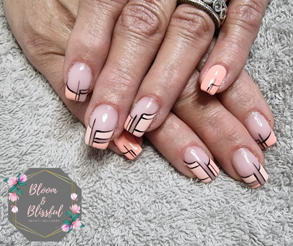 Nude and peach nails with black geometric line art by Emmie