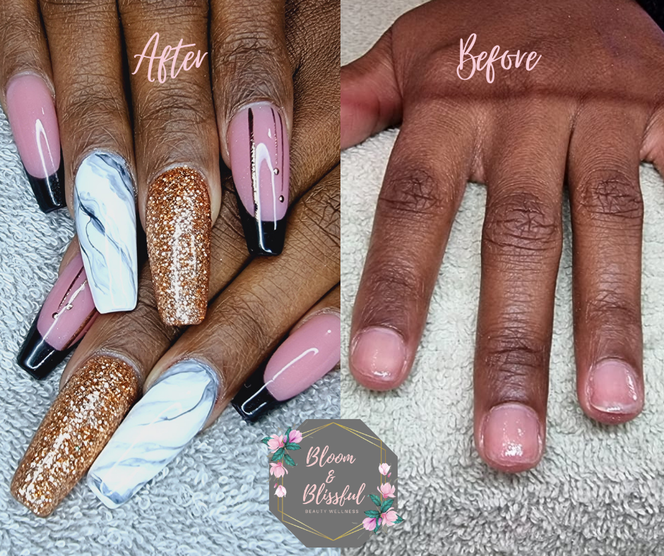 Before and after nail transformation with pink marble rose gold glitter and black French tips by Emmie