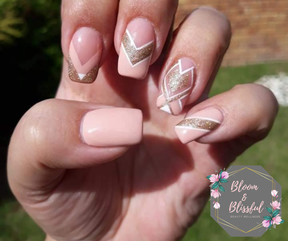 Nude pink nails with gold glitter chevron geometric art by Emmie