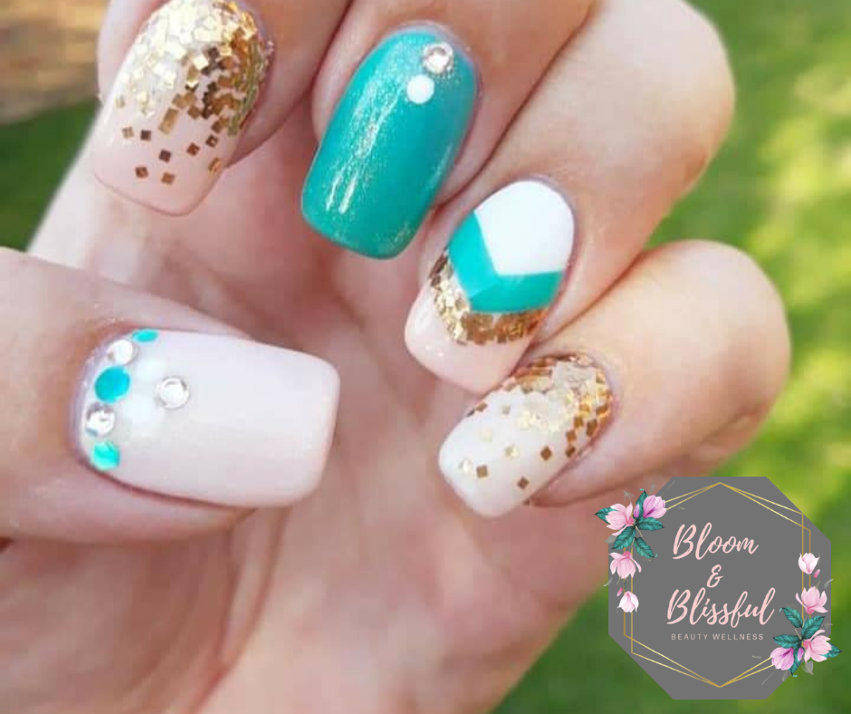 Teal and nude nails with gold glitter confetti and rhinestones by Emmie