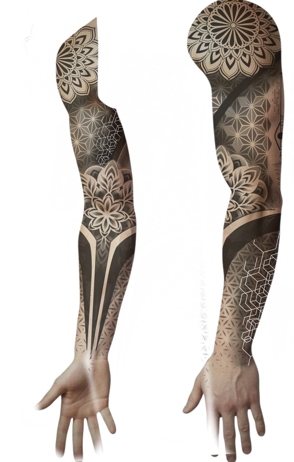 Ontwerp van een volledige geometrische sleeve met mandala en dotwork