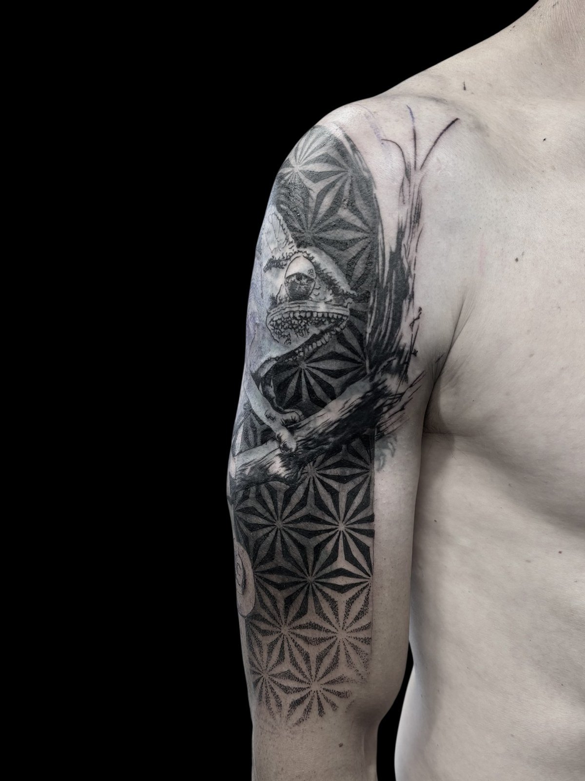 Bovenarm met een kameleon op een tak tussen geometrische asanoha-patronen en dotwork