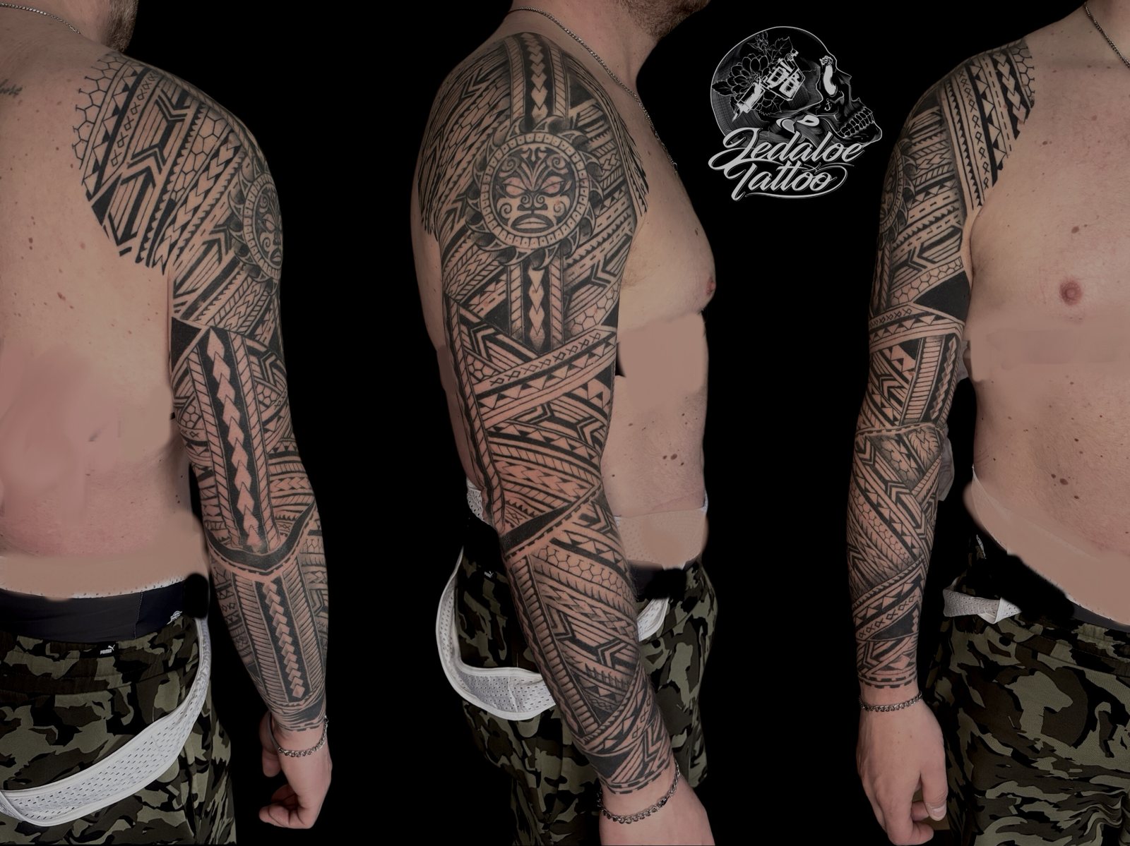 Afgewerkte volledige tribal sleeve met zonmasker, in drie weergaven