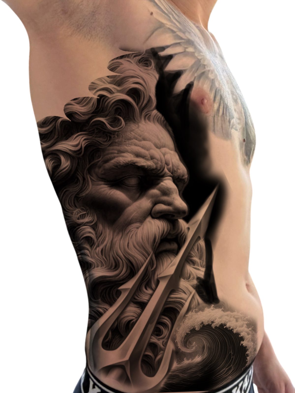 Ontwerp van een realistisch rib-, borst- en buikstuk met Poseidon, drietand en golf