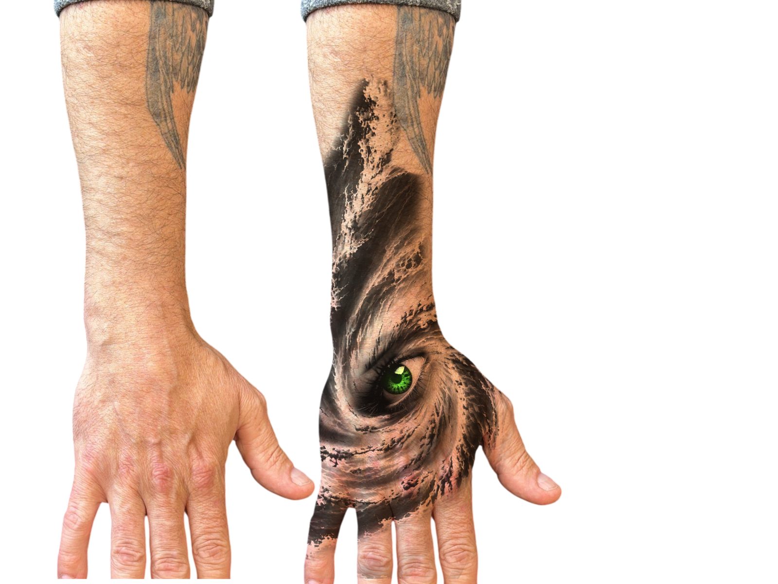 Ontwerp van een realistisch oog in een wervelende golf over hand en onderarm
