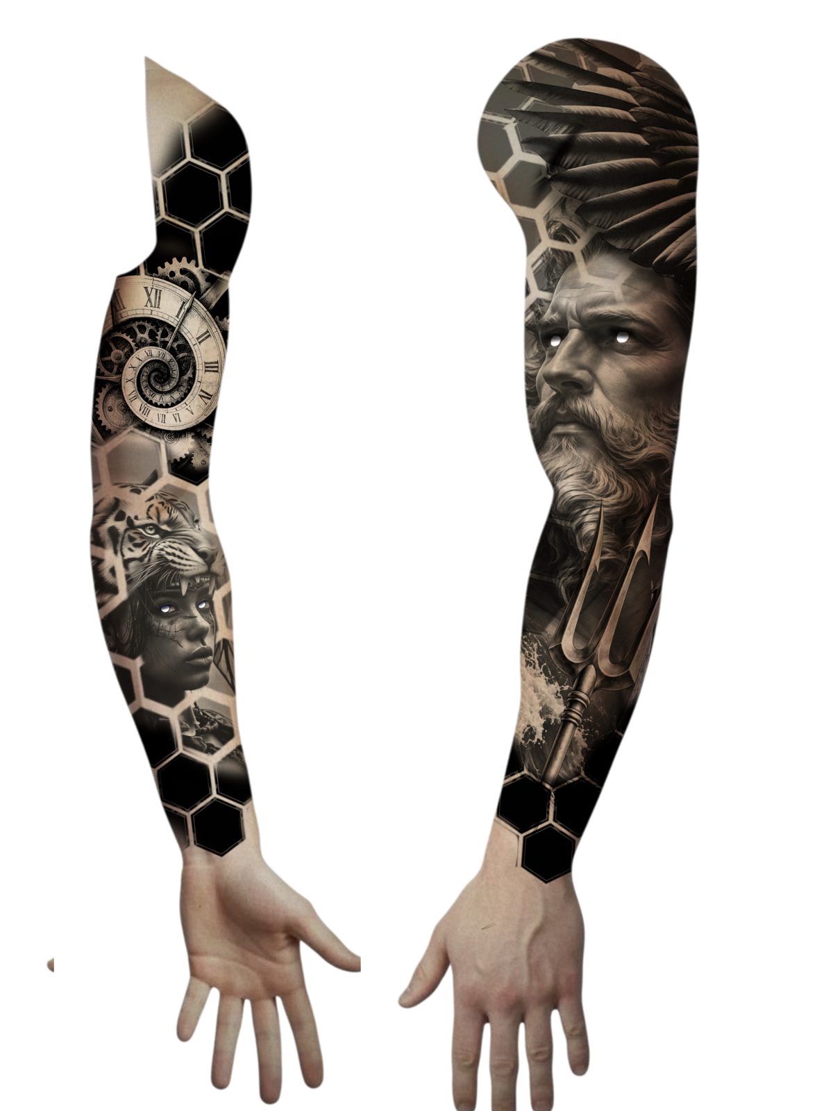 Ontwerp van een volledige sleeve met Poseidon, klok, tijger en honingraat