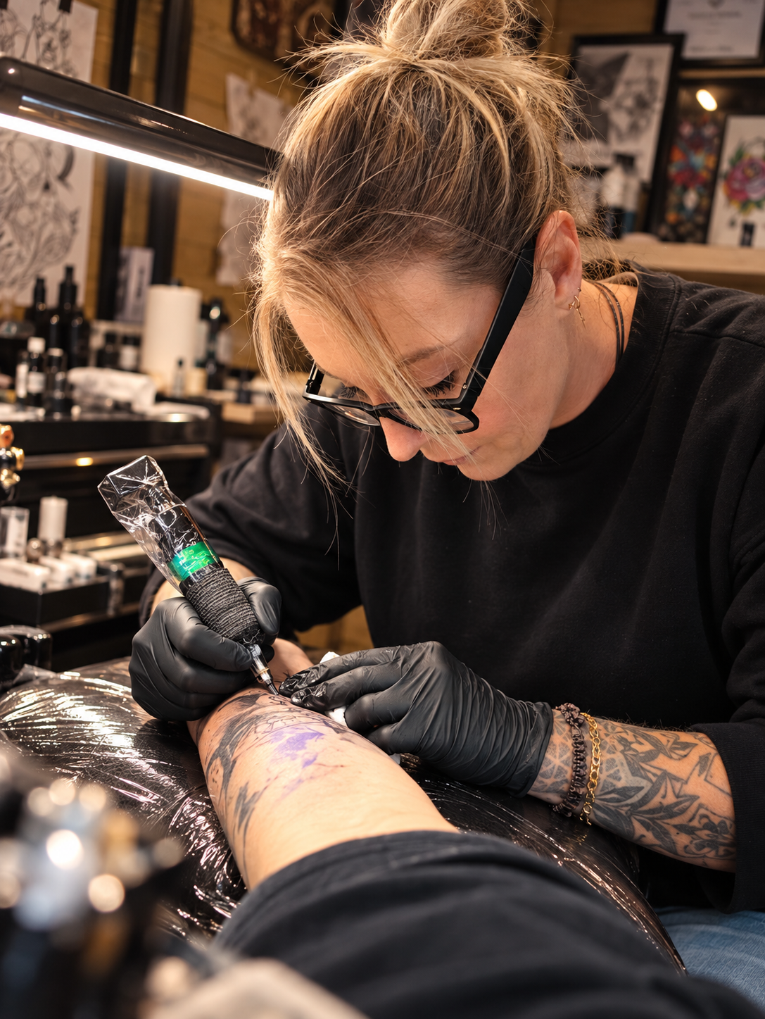 Sofie aan het werk in haar tattoo studio