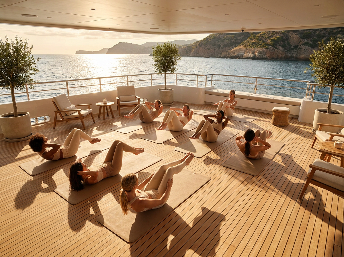 Premium Pilates & Yoga session on a luxury yacht deck at golden hour
