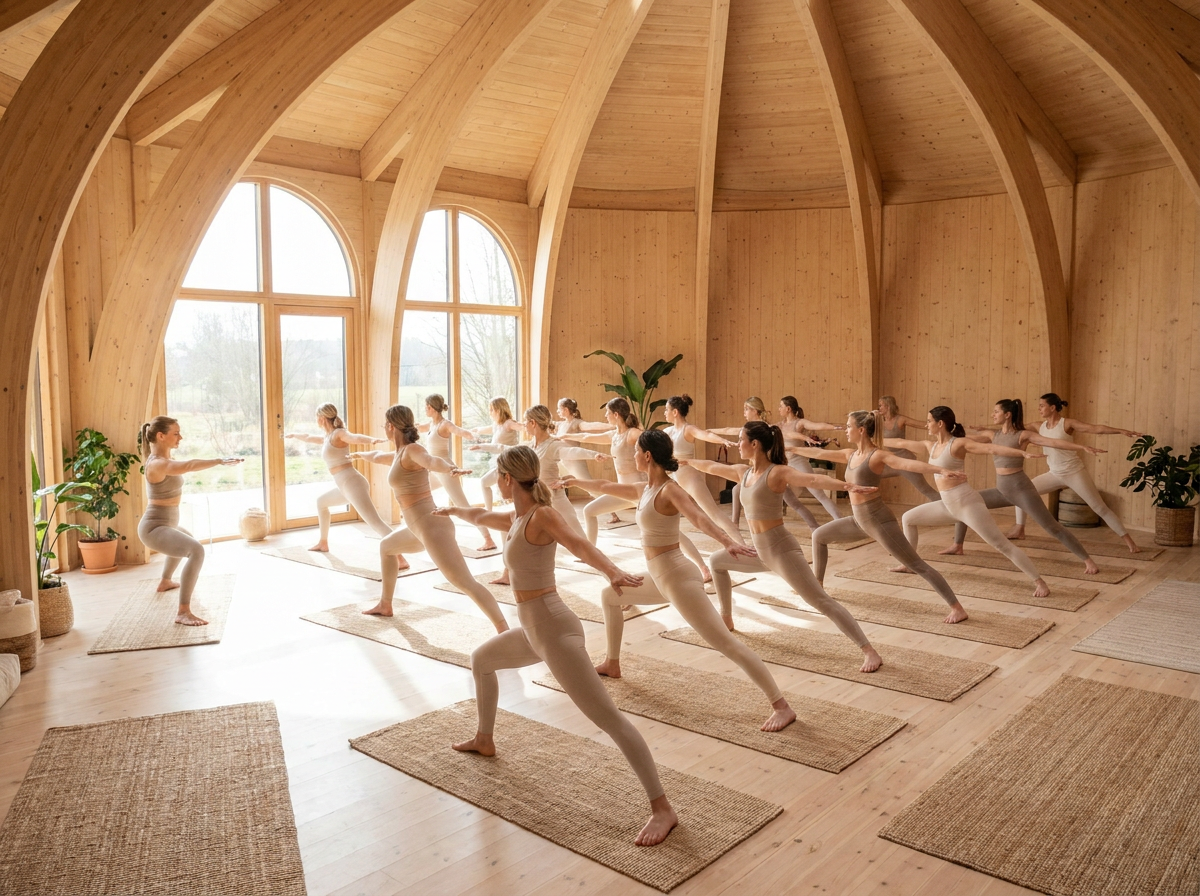 AORA Society Pilates & Yoga class in a stunning circular wooden venue with golden light