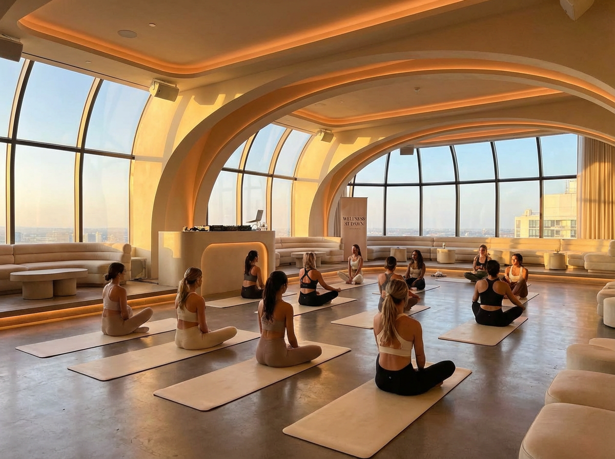 Stylish Pilates & Yoga session inside a modern nightclub during golden hour