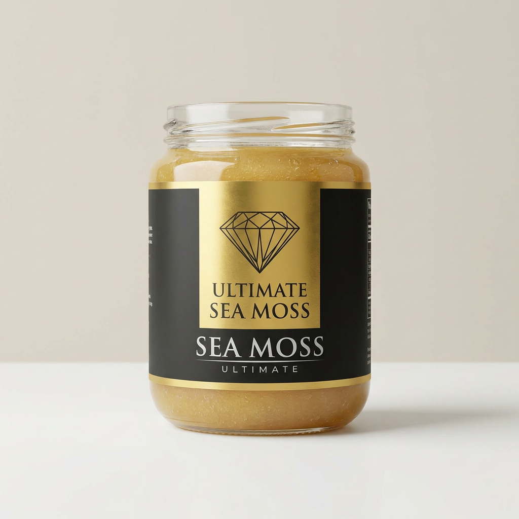 Premium sea moss gel product with label