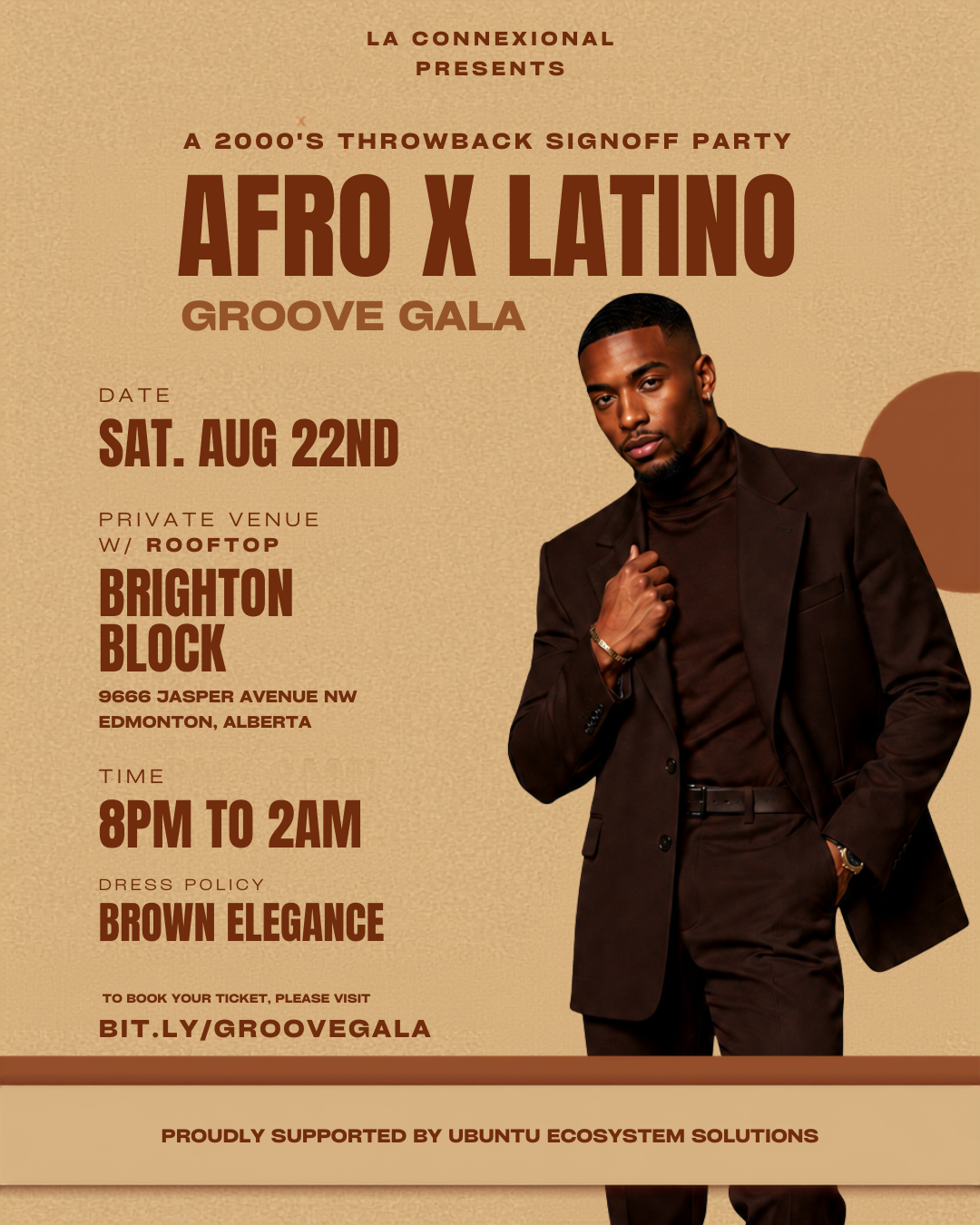 Afro x Latino Groove Gala official flyer, Brown Elegance dress code, August 22 at Brighton Block