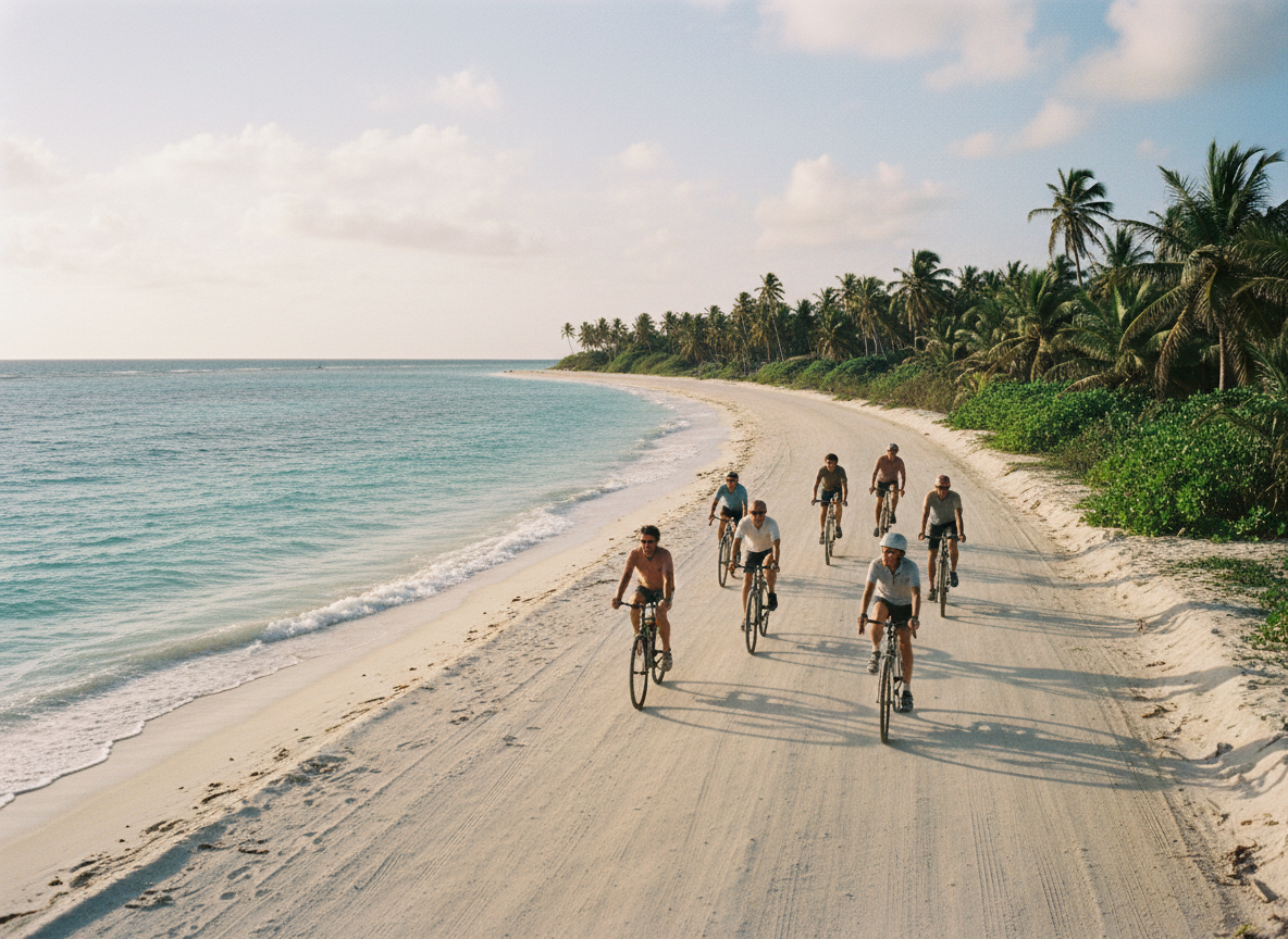 Cyclists riding along Zanzibar coast