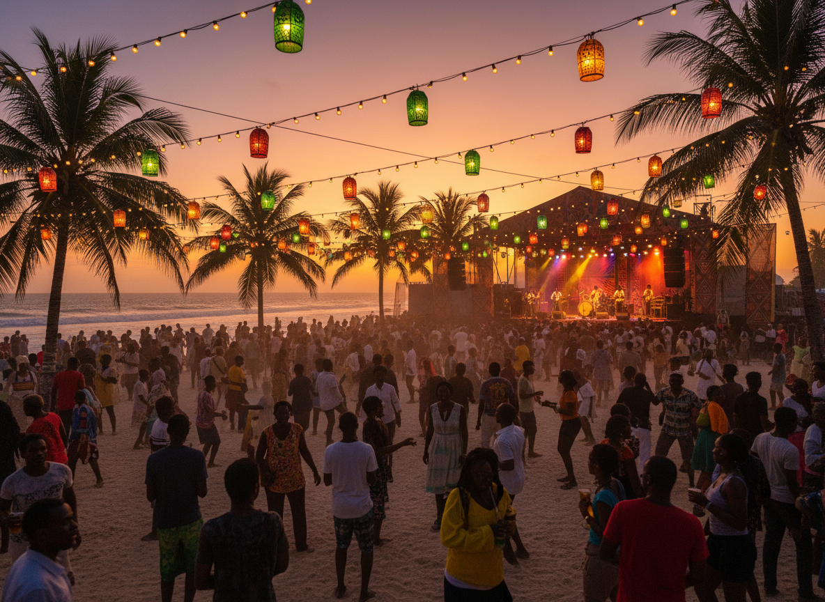 Festival crowd on Zanzibar beach at sunset