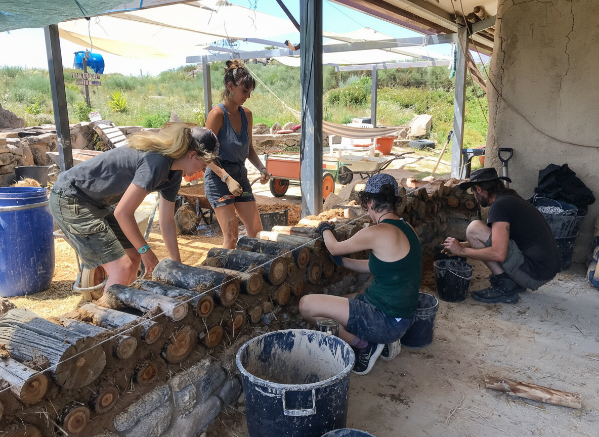 Lehmbau Workshop in Portugal – Teilnehmer bauen gemeinsam mit Lehm und Holz