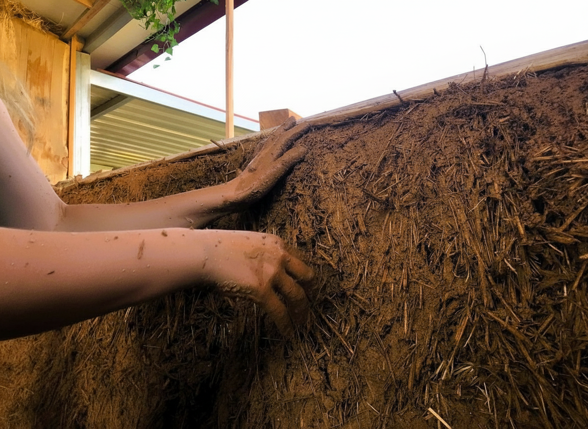 Lehmbau Workshop - Haende formen eine Lehmwand bei einem Earth to Wall Hands-on Workshop