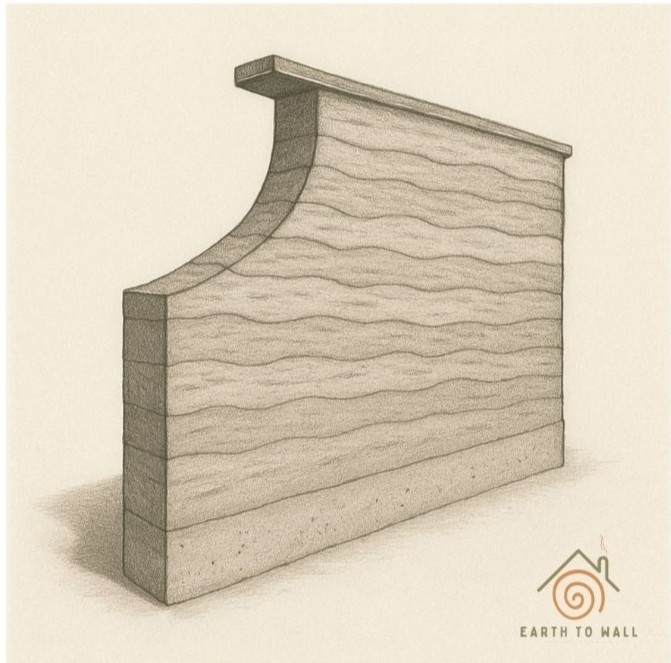 Technische Abbildung Stampflehm-Wandaufbau – Schichten einer Rammed-Earth-Wand