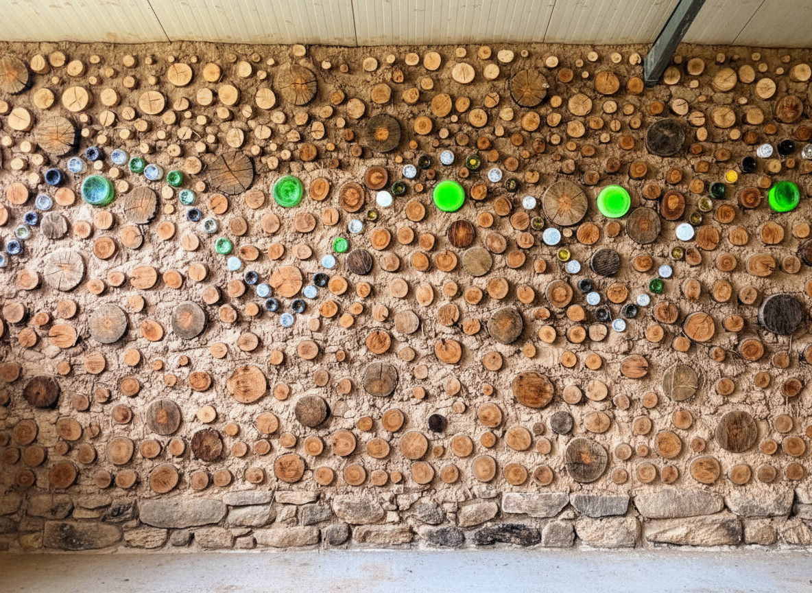 Cordwood-Wand mit eingearbeiteten Glasflaschen – dekorative Lichteffekte im Lehmbau