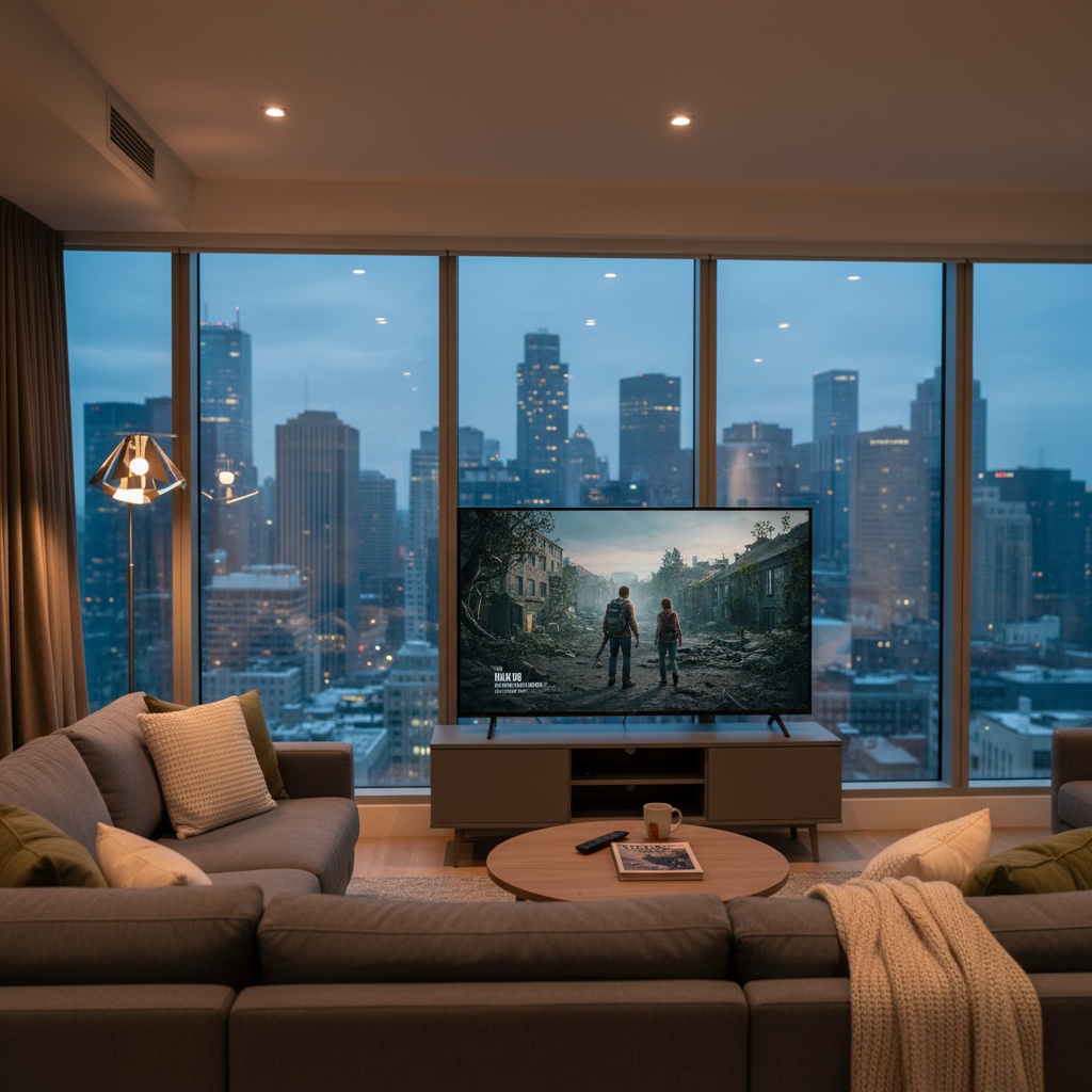 Salón moderno con televisor mostrando The Last of Us, vista a la ciudad desde un piso elevado