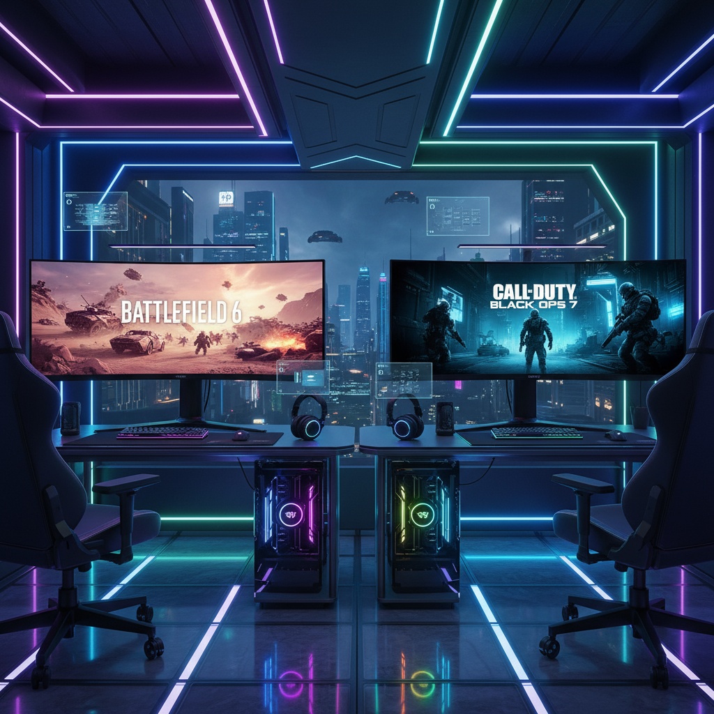 Setup gaming con dos PCs comparando Battlefield 6 y Call of Duty Black Ops 7