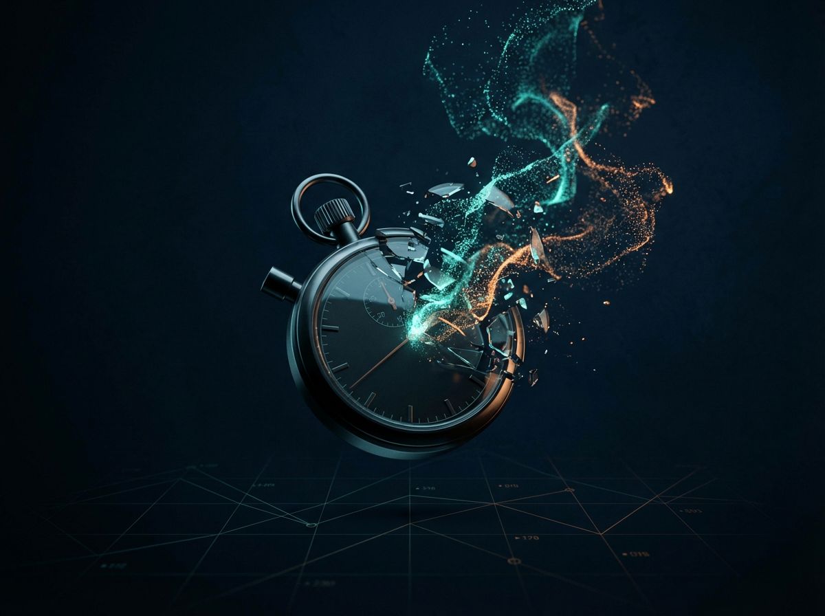 Abstract shattered stopwatch representing breaking free from AHT metrics