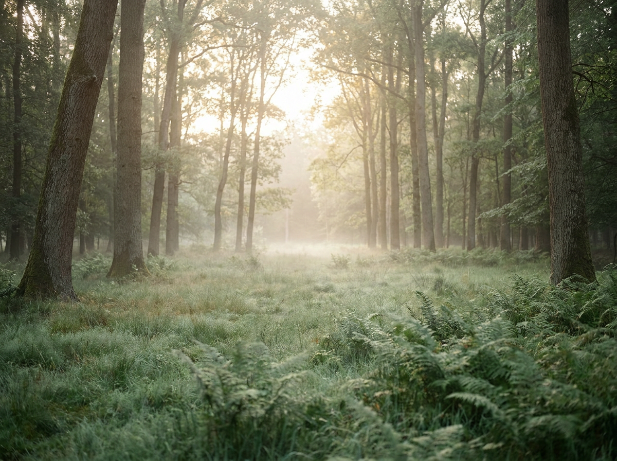 Una radura nella foresta, luce soffusa del mattino