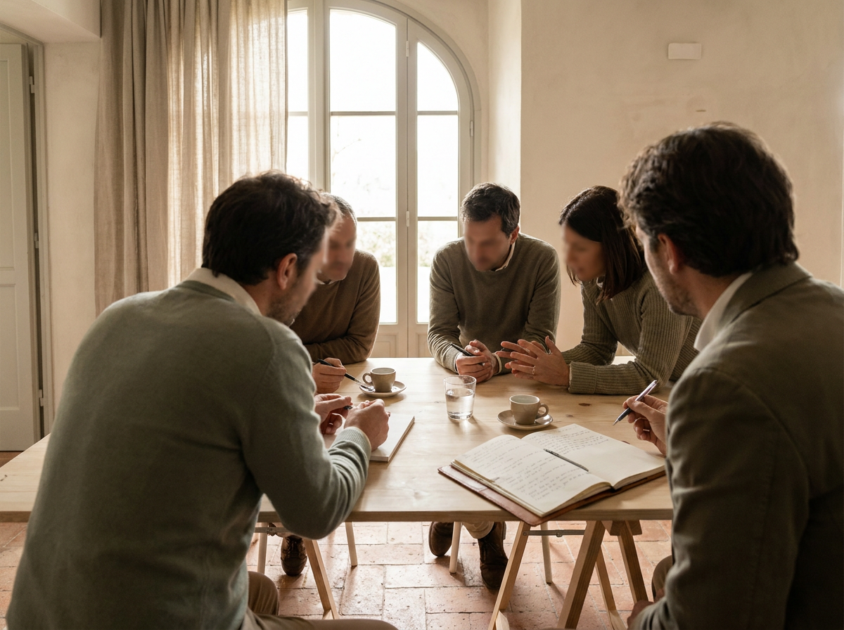 Un piccolo gruppo di lavoro attorno a un tavolo di legno, in piena luce