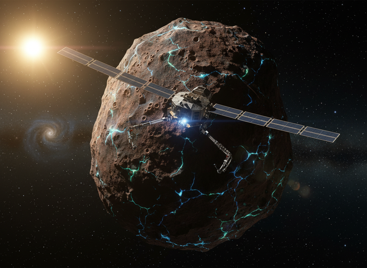 Spacecraft approaching a large irregular asteroid in deep space with solar panels and robotic arms extended