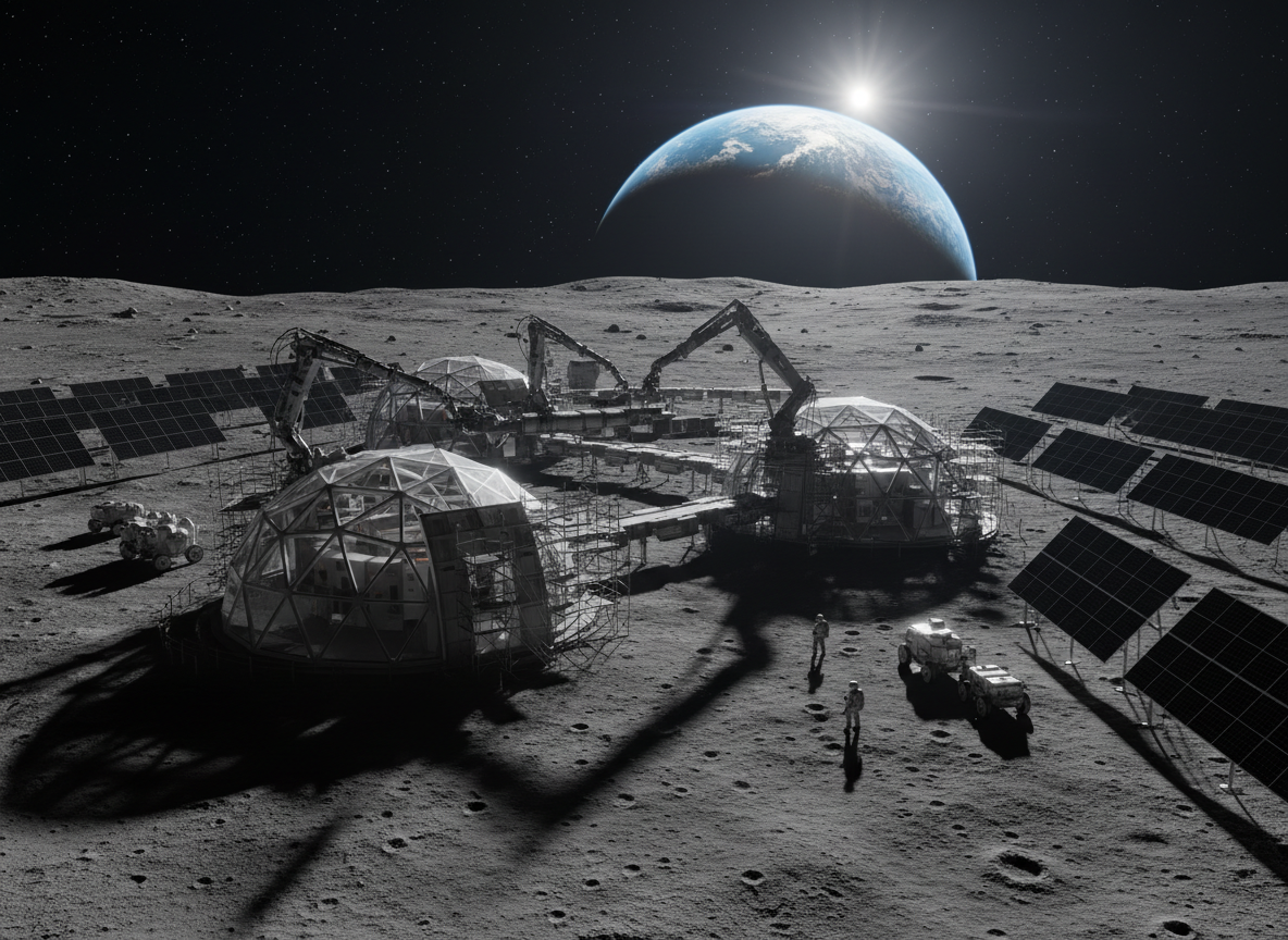 Lunar base under construction with modular habitat domes and robotic arms