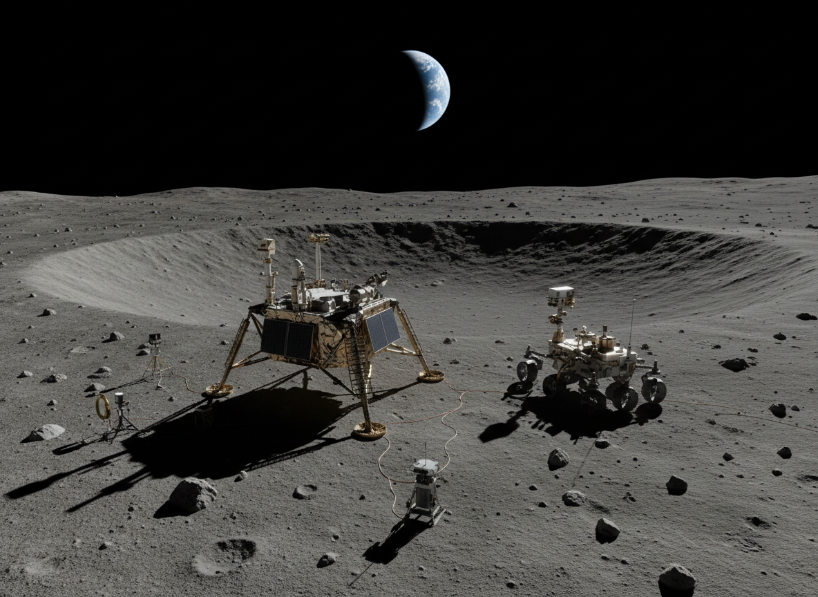 Lunar surface with robotic lander and rover near crater rim, Earth visible in black sky