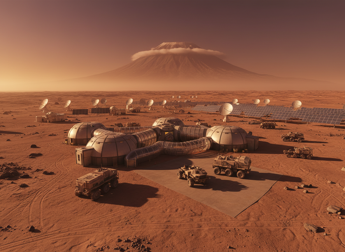 Mars surface outpost with pressurized habitat modules and rovers