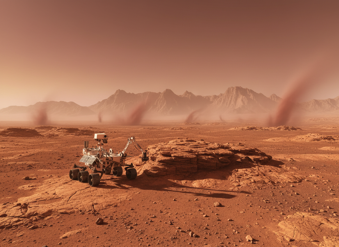 Martian surface with red-orange rocky terrain, rover with drill equipment near rock outcrop
