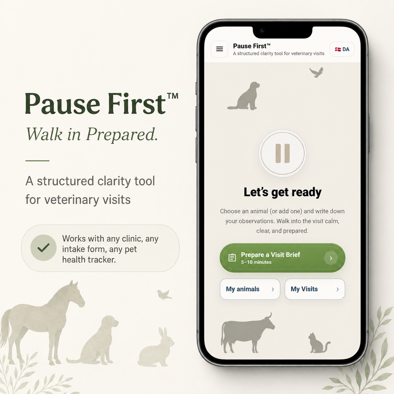 Pause First app shown on a phone — structured clarity tool for veterinary visits