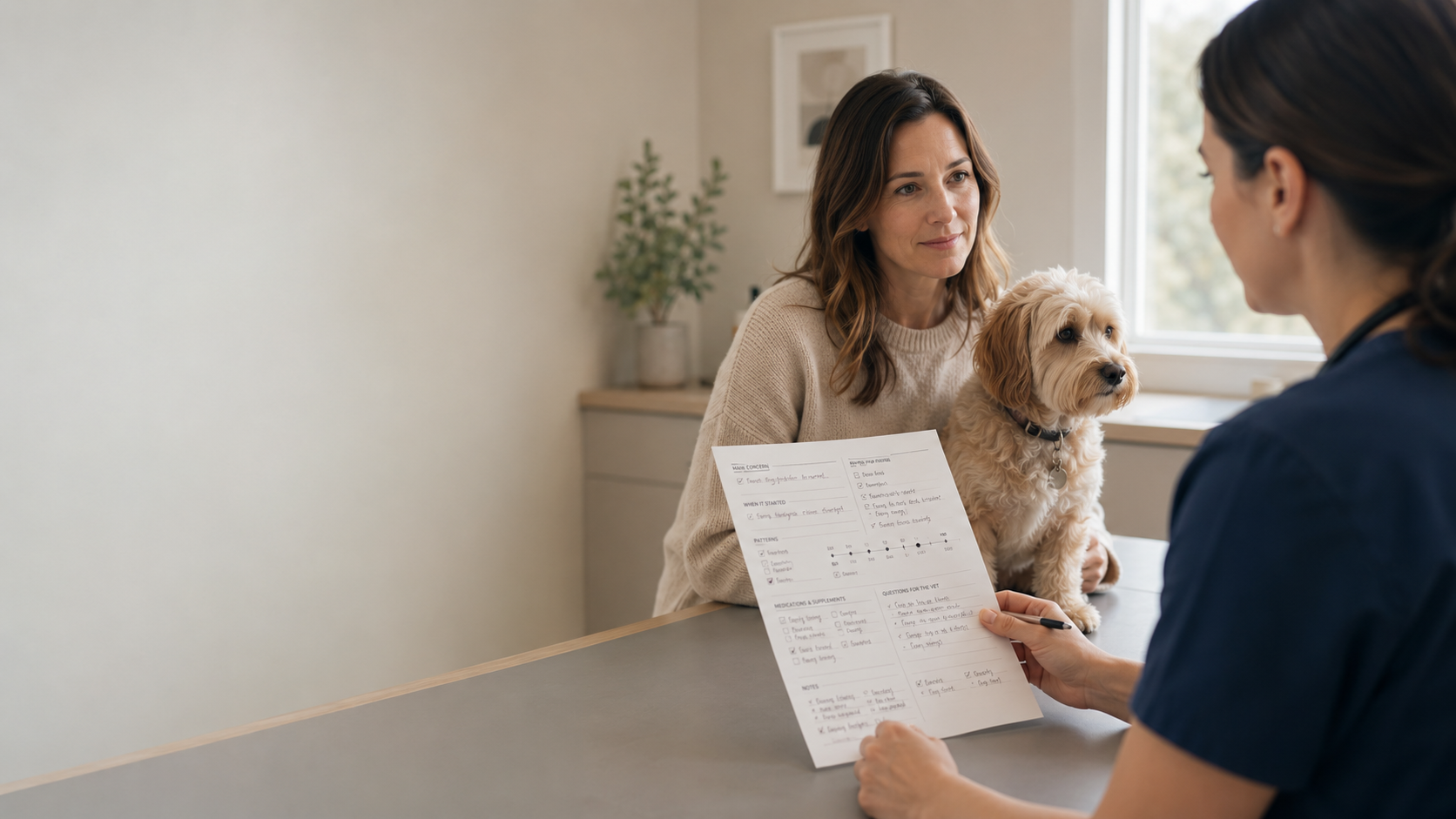 Owner showing a filled-in Pause First prep sheet to the vet during a consultation
