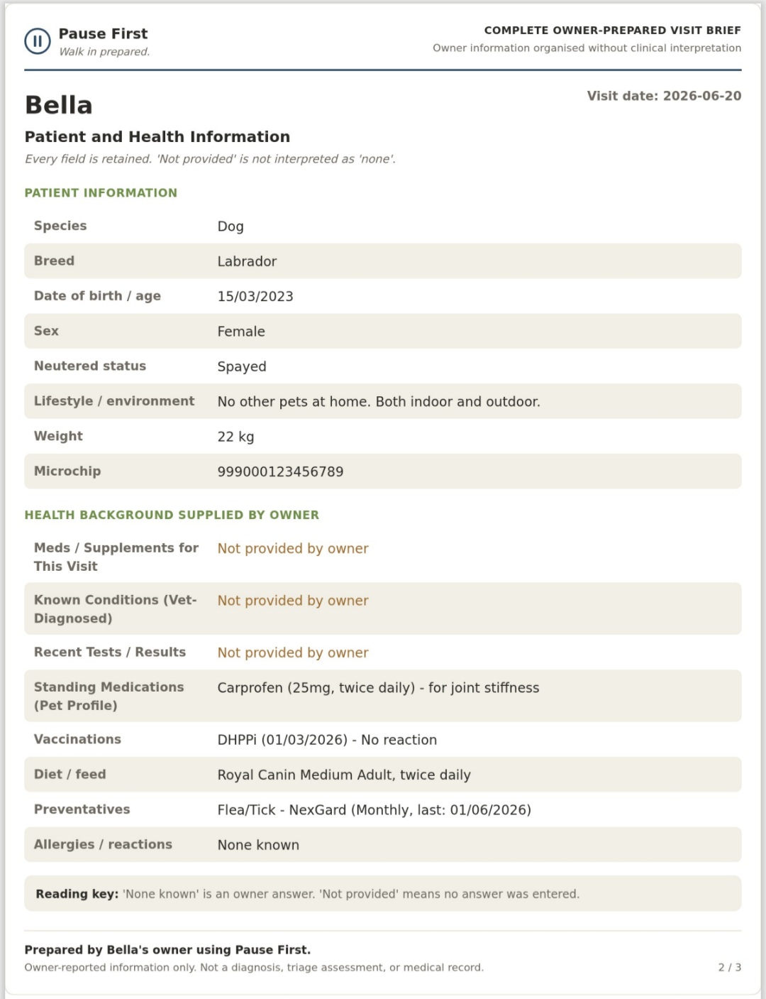 Pause First Visit Brief for Bella — page 2: patient information, health background, medications, vaccinations, diet, and preventatives