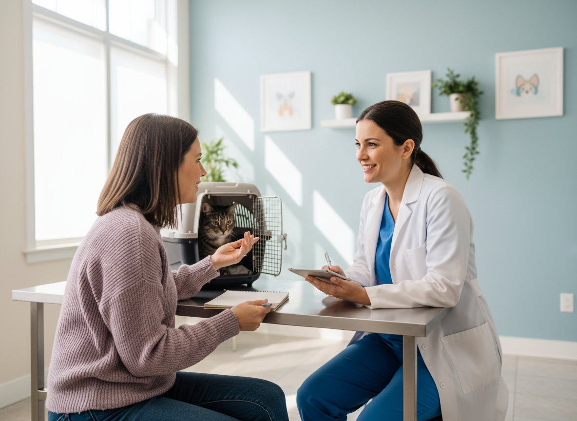 Pet owner asking questions during a vet appointment
