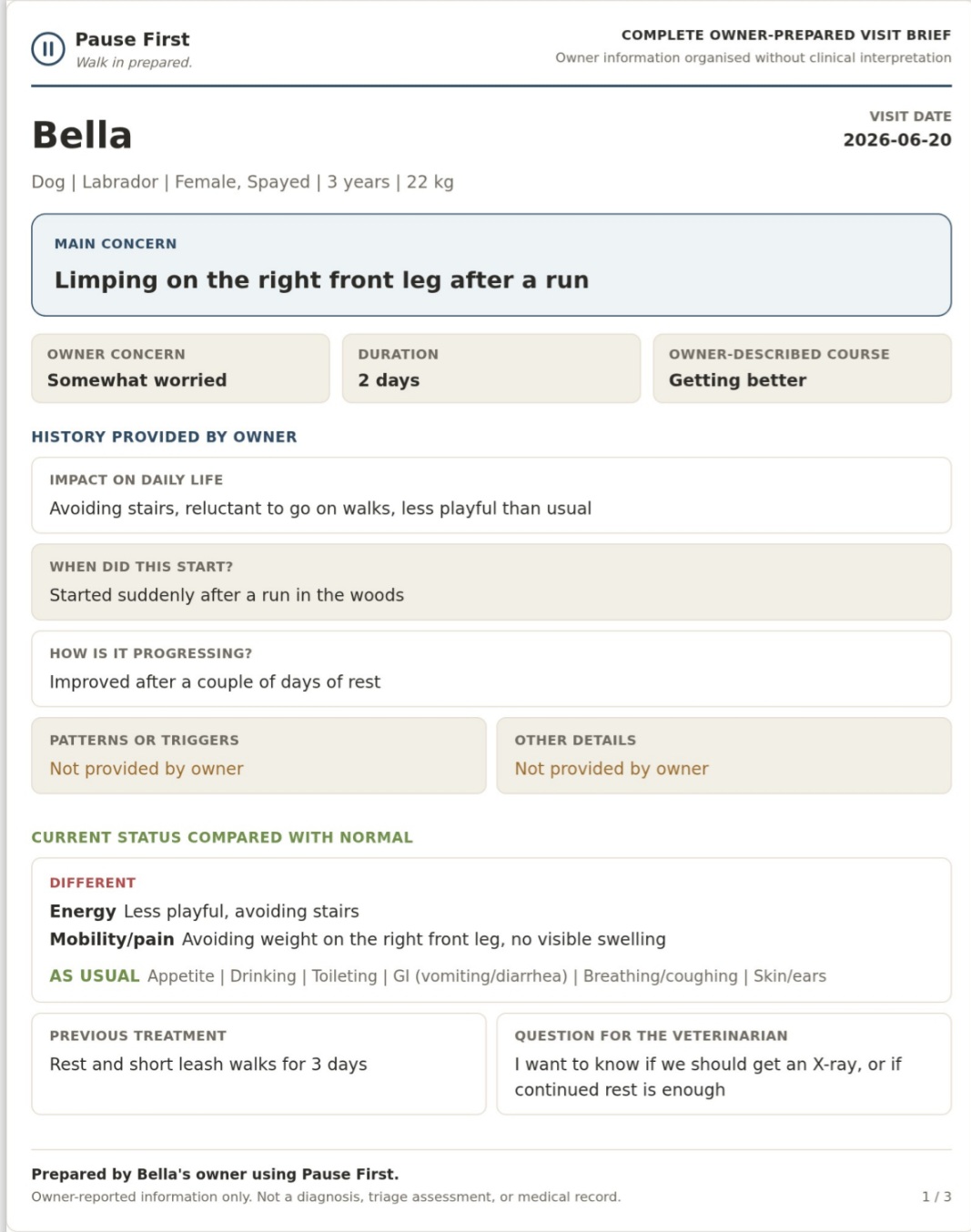 Pause First Visit Brief for Bella — page 1: main concern, owner history, current status compared with normal, and question for the veterinarian