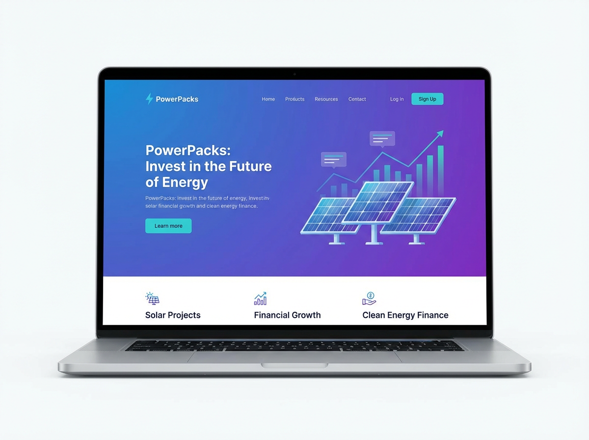 PowerPacks website screenshot on laptop mockup