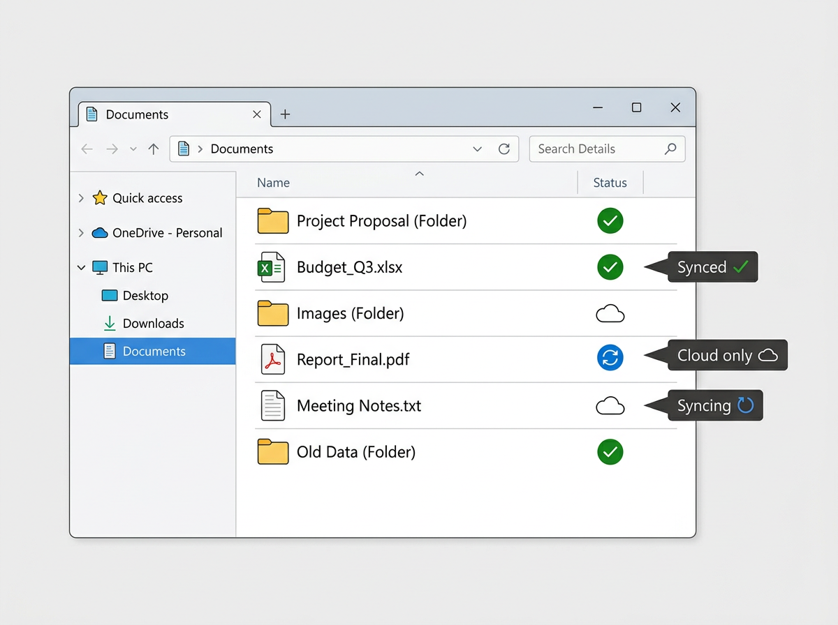 OneDrive sync status icons shown in Windows File Explorer Documents folder