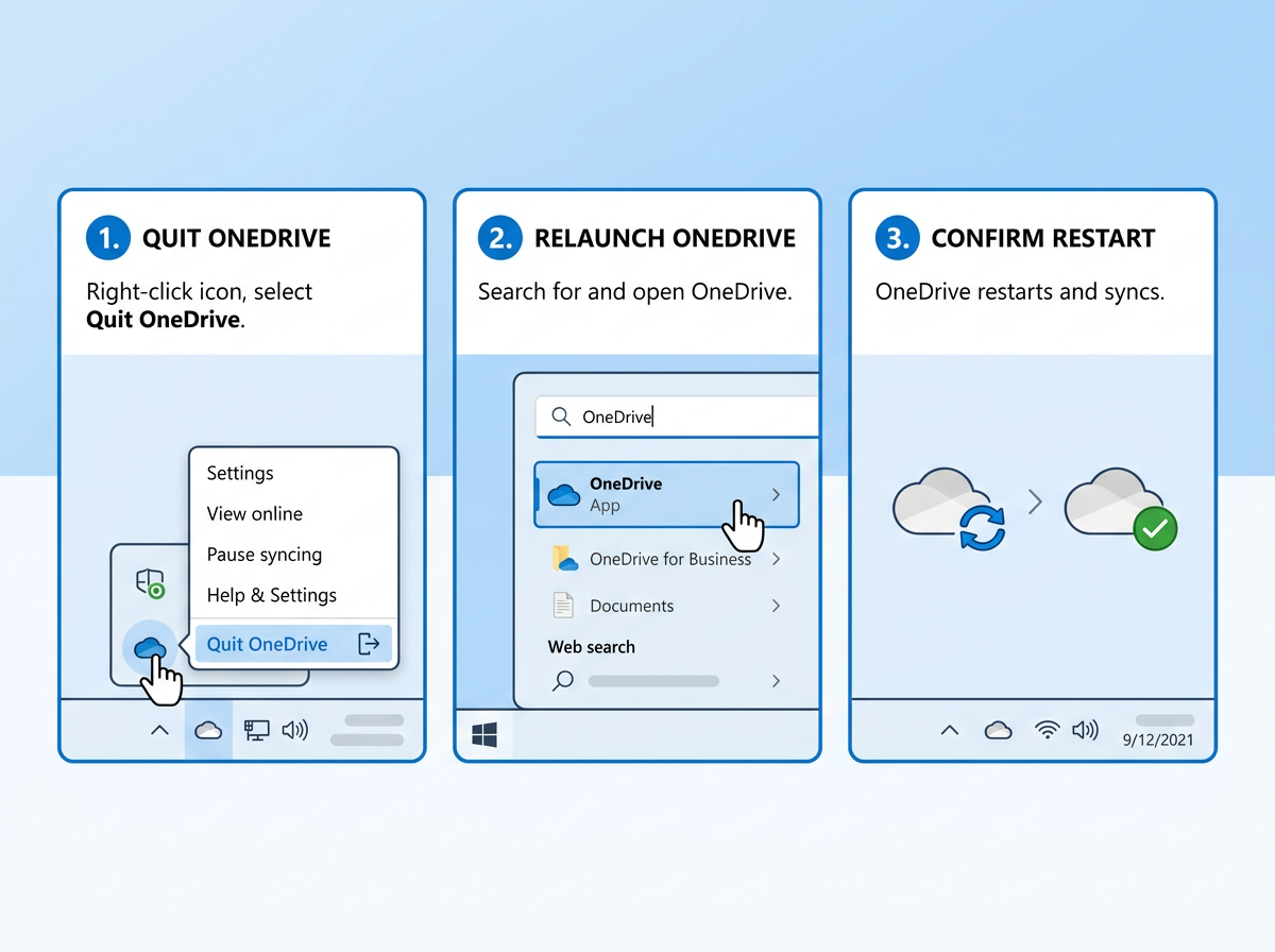 Three step illustration showing how to quit and restart OneDrive on Windows