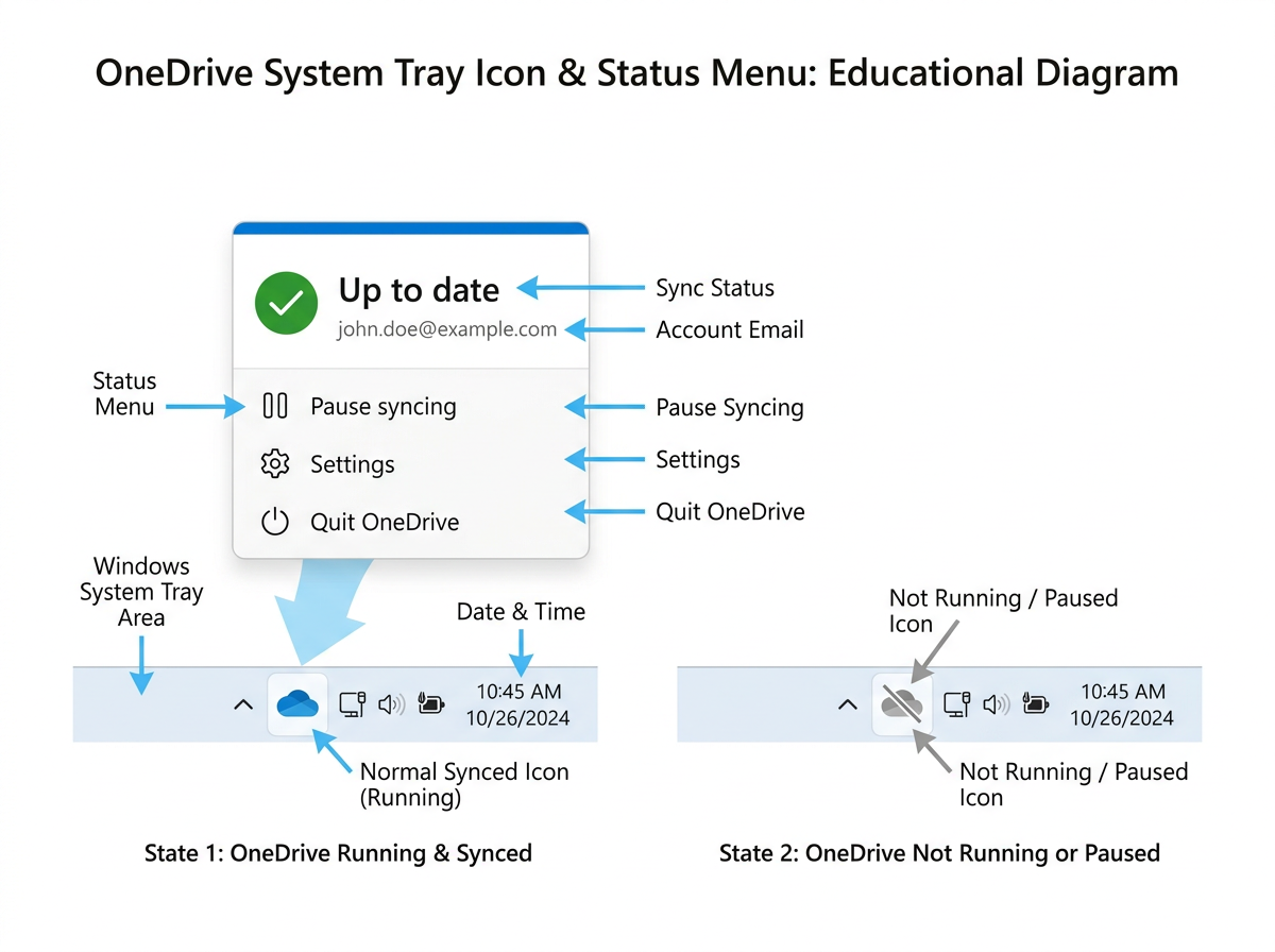 OneDrive icon in the Windows system tray showing running and not-running states